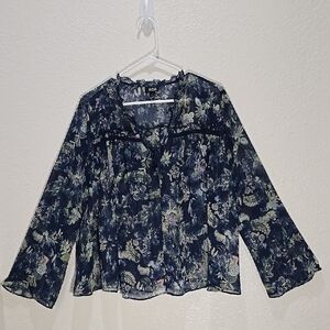 3/$15 A.N.A A New Approach - Women's Blue Flowy Sheer Long Sleeve Large